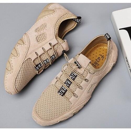 Summer frosted Leather Mens casual shoes breathable leather shoes mens flat shoes popular soft driving shoes soft soled shoes