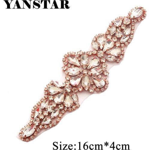 YANSTAR(2pcs) Rhinestones Appliques For Wedding Dress Sash Rose Gold Clear Crystal Rhinestones Applique YS891