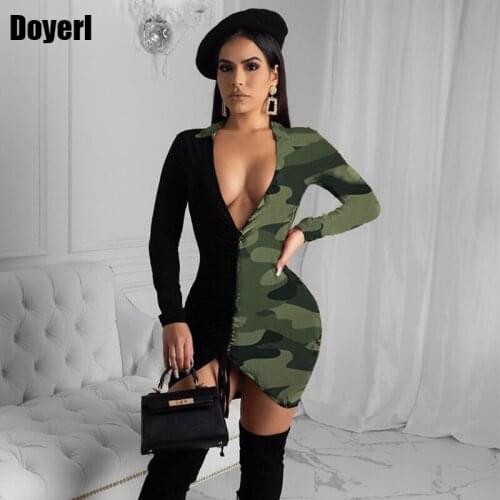 Women Sexy Party Dress Elegant V Neck Patchwork Long Sleeve Bodycon Mini Dress Ruched Drawstring Short Party Night Club Dress