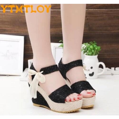 Flat Thick Bottom Slope With 2021 Summer New Wild Korean Version Of Fish Mouth Ribbon Bow High-heeled Student Sandals Tide