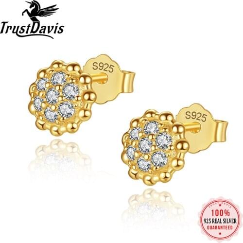 TrustDavis Real 925 Sterling Silver Sun Flower 14K Gold Plated Zircon Stud Earrings Women Small Cute Exquisite Jewelry Gift L117