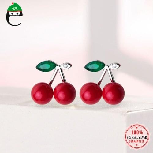 ElfoPlataSi 925 Solid Real Sterling Silver Cherry Red Pearl With CZ Stud Earrings For Women Teen Girls Friend XY972
