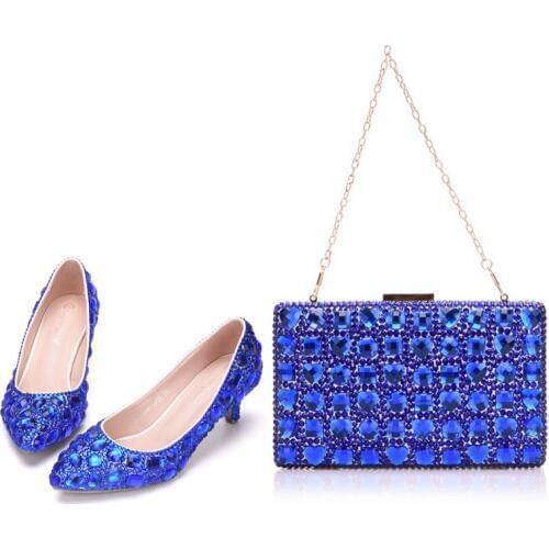 Crystal Queen Blue Cyrstal Wedding Shoes With Matching Bags Woman Shoes Purse Womens Pumps High Heel Platform Shoes 5CM pumps