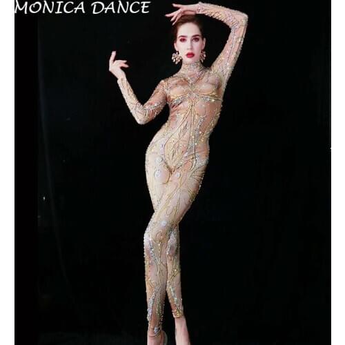 Sexy Stage Multi-color Rhinestones Nude Spandex Jumpsuit Women Singer Bar Leggings Prom Stage Wear Dancer Birthday Jumpsuit