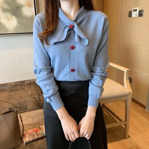 Spring Autumn Style Women Knitted Pullover Tops Lady Casual Bow Tie Collar Long Sleeve knitted Sweater Pullover ZZ0944