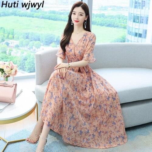 2021 Casual Floral Chiffon Fashion Maxi Dress Summer Women Vintage Boho Beach Midi Sundress Elegant Bodycon Party Long Vestidos