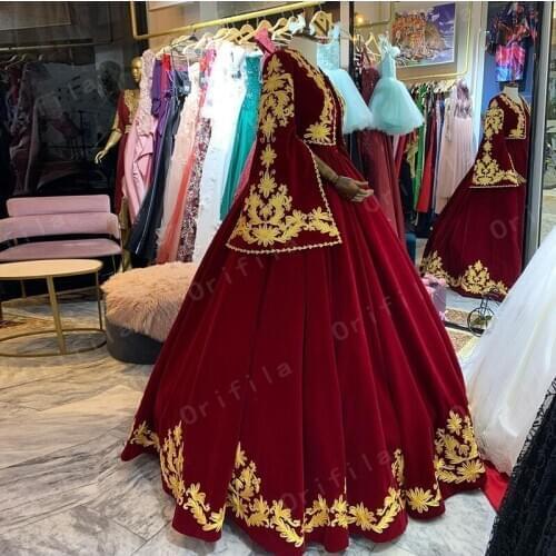 Vestidos De Novia Kosovo Albanian Caftan Evening Dress 2021 Two Pieces Red Velvet Long Sleeve Applique Robe De Soirée Prom Dress
