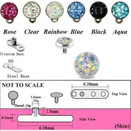 1PC Steel/Titanium Base Epoxy Crystal Ferido CZ Gem Micro Dermal Anchor 6mm Crystal Top Dermal Surface Piercing 16g