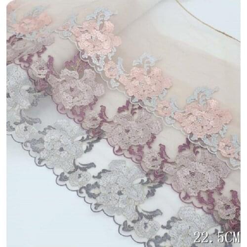 15Yards 23CM Flowers Embroidered Lace Trim Soft Lingerie Underwear Bra Dolls Dress Sewing Pink Grey Purple Mesh Tulle Fabric DI