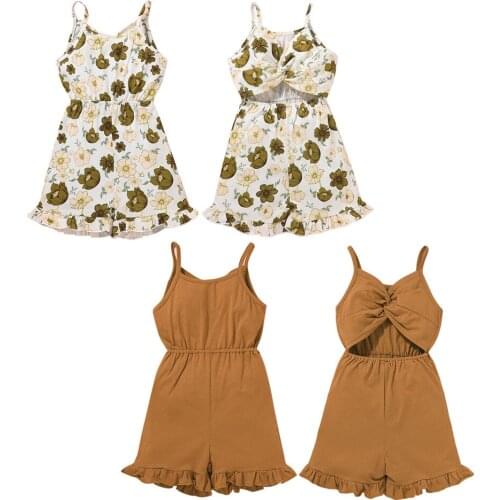 18M-6 Years Baby Girls Sleeveless Summer Hollow Out Romper Toddler O-Neck Floral Print/Solid Color Elastic Waist Jumpsuit