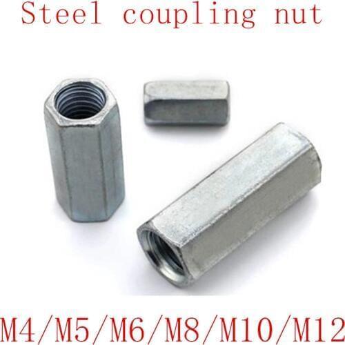 2-5PCS steel with zinc M3 M4 M5 M6 M8 M10 M12 Rod Coupling Hex Nut/Galvanized Long Hex Nut / Connection Thread Nut
