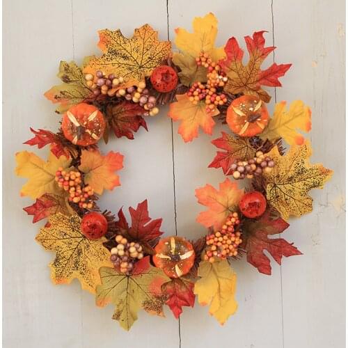 50cm Autumn Wreath Christmas Decoration Thanksgiving Garland Window Restaurant Home Pumpkin Maple Leaf Decoration Wreath Door