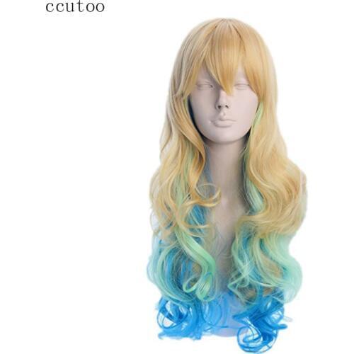 Ccutoo 80cm Long Synthetic Hair Golden Blue Green Ombre Mix Miss Kobayashis Dragon Maid Quetzalcoatl Lucoa Cosplay Full Wig