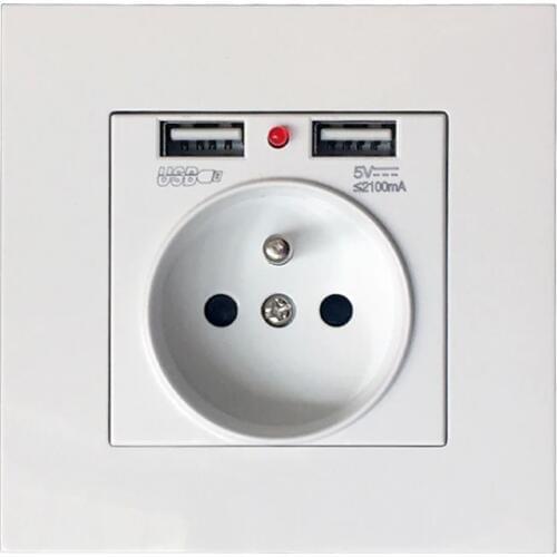 CE ROSH Mark Electric Wall Outlet With Dual USB 2100mA Charger 86x86mm For France Europe Home Power Faceplate