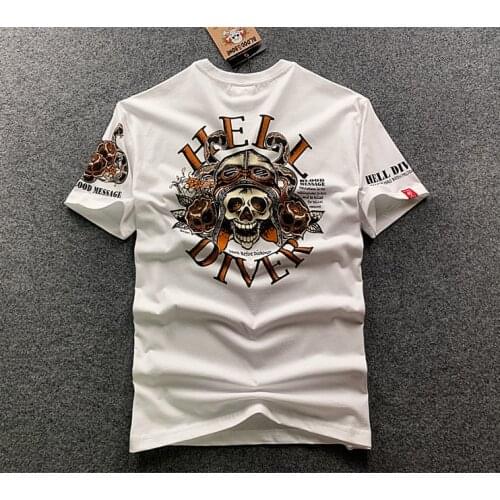 Pilot Skull Tattoo Short Sleeve T-shirt Mens Casual Cotton Rock Biker T shirts Fashion Painting Hip Hop Tops Tees Shirt