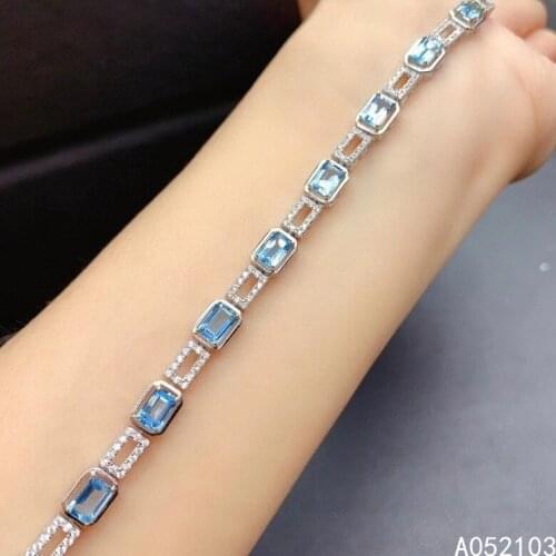 KJJEAXCMY fine jewelry 925 sterling silver inlaid natural Blue Topaz Womens simple and noble square gem bracelet support check