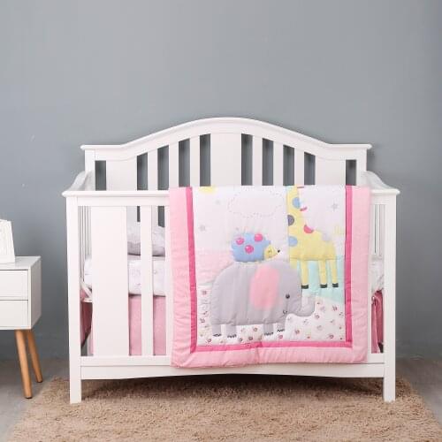 3pcs Pink Elephant Crib Bed Linen Baby Bedding Set Cotton Kids Room Decor ,Fitted Sheet, Crib Quilt, Crib Skirt