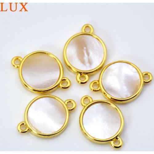 Round white shell connector mother of pearl charms gold bezel setting link for bracelet making natural shell jewelry