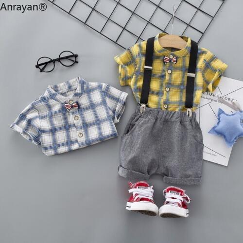 Summer Baby Boy Clothes Infant Cotton Gentleman Tie Style Casual Fashion Plaid Shirt Straps Shorts 2Pcs/ Sets Children Kid Suits
