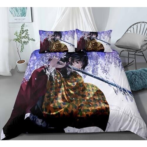 Animation Series Demon Slayer Tomioka Giyuu Under Wisteria Pattern Duvet Cover 3pcs Bedding Set with Pillowcase for Teens Kids