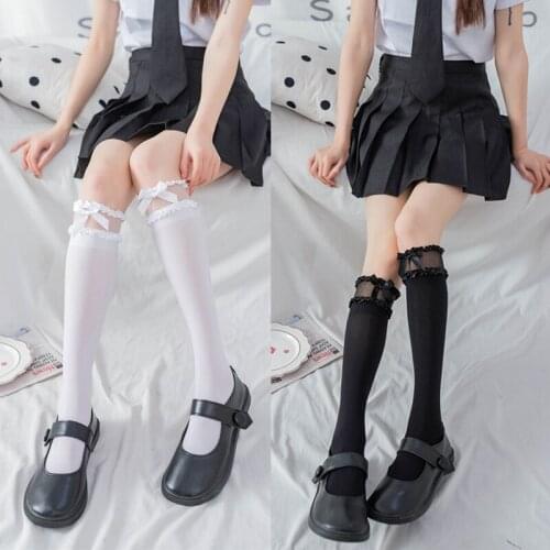 Lolita Lace Bow Calf Socks Velvet Female Mid-tube Socks Knee-length Women Girls Ruffle Socks Students Black White Kawaii Socks