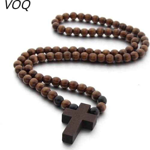 VOQ Vintage Cross Pendant Wood Beads Sweater Chains Necklace for Unisex Women Men Wedding Jesus Jewerly Party Gifts