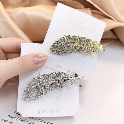 Luxury Shiny Gold Silver Leaf Hairpin Elegant Full Rhinestone Alloy Hair Clips For Women Girls Bling Hairgrip Hair Accessories