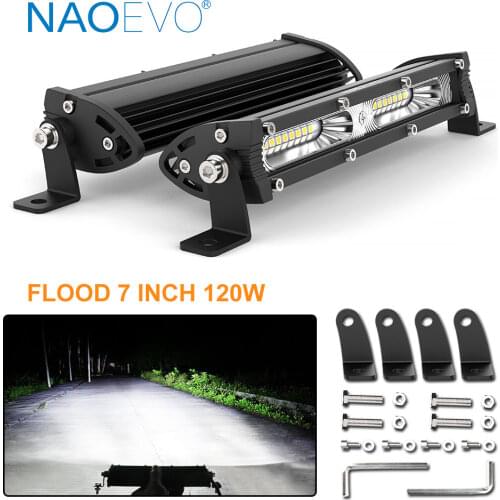 NAOEVO Slim Single Row OffRoad LED Light Bar 12V 24V 7" inch 120W Flood Auto Led Work Lamp Driving Fog For Jeep 4x4 ATV Tractor