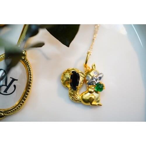 SX412 Solid 18K Yellow Gold Nature Green Emerald and Black Onyx Pendants Necklaces for Women Fine Jewelry for Women Gifts