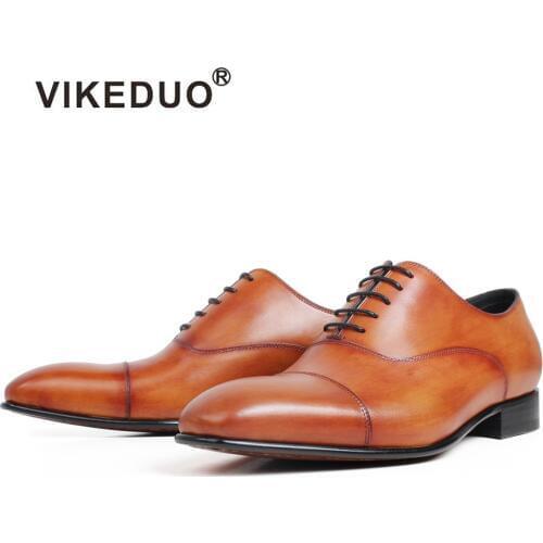 VIKEDUO Patina Brown Oxford Dress Shoes Square Toe Genuine Cow Skin Leather Shoe For Men Handmade Flat Mens Wedding Office Shoe
