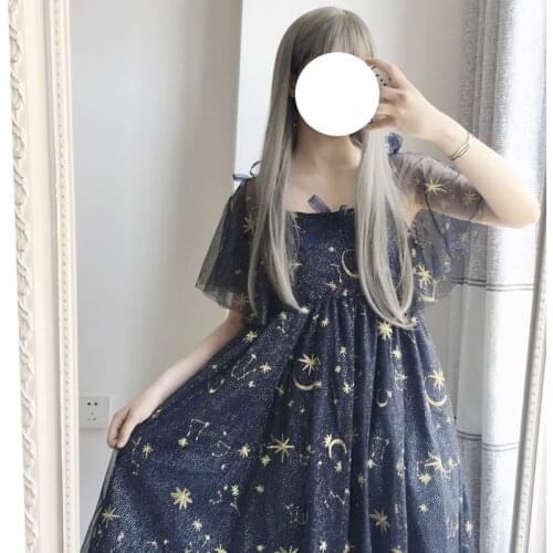 Japanese Harajuku Women Fairy Kawaii Lolita Dress Embroidery Moon Stars Gothic Dress Elegant Cute sweet Sequined Bow Dresses