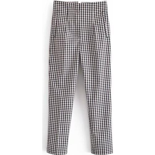 2021 Trousers Women Plaid High Waist Casual Slim Pants Street Fashion Korean Style Elegant Ankle-Length Office Womens Trousers