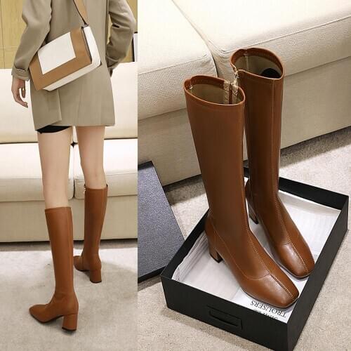 Women Knee High Boots Winter And Autumn Knee High Shoes Big Size Black Genuine Pu Women Zipper Square head Boots