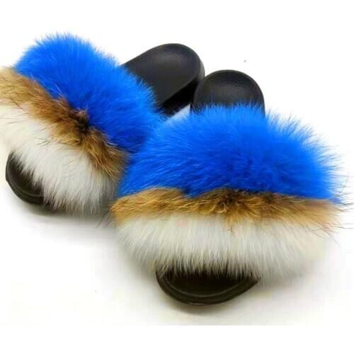 2020 Woman Fox Fur Slippers Ladies Shoes Cute Plush Raccoon Fur Fluffy Sandals Womens Fur Slides Female Winter Warm Flip Flops
