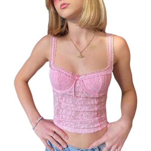 2021 Womens Floral Hollow Lace Camisole Sleeveless Spaghetti Strap Solid Color Crop Cami Tops with Bow
