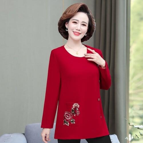 Women Pullover T-Shirt Spring Autumn Mother Clothing Pocket Embroidery O-neck Long Sleeve Tops 5XL Casual Loose Tee Shirts Femme