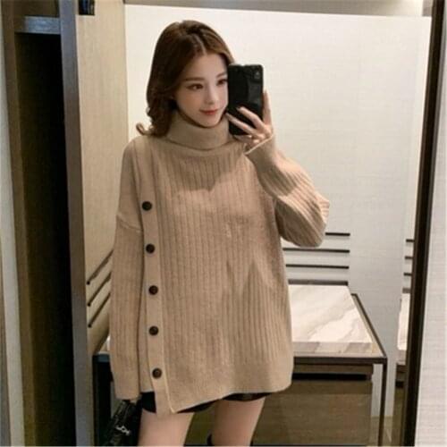 2020 Autumn Winter Women Knitted Turtleneck Sweater Casual Buttons Pullover Jumper Long Sleeve Loose Tops