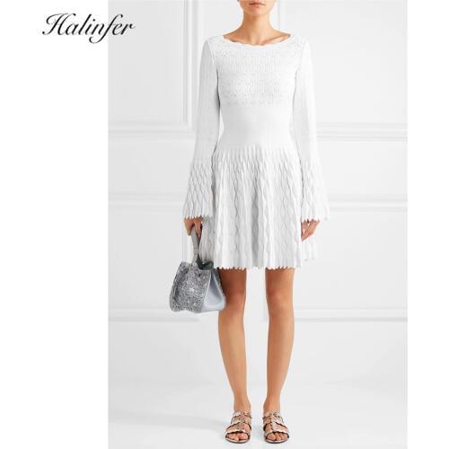 Halinfer 2019 New Autumn women dress sexy bodycon O-Neck Flare Sleeve Rayon Bandage Simple celebrity party dress vestidos