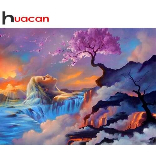 Huacan Diamond Mosaic Tree Waterfall Woman 5D DIY Diamond Painting Embroidery Landscape Creative Hobbies Home Supplies