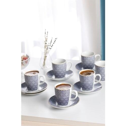 Fiore Porcelain 12 Piece Coffee Cup Set 100 Ml Blue Turkish Luxury Coffee cup Saucer Set Hand and Dress Shape eat Ottoman