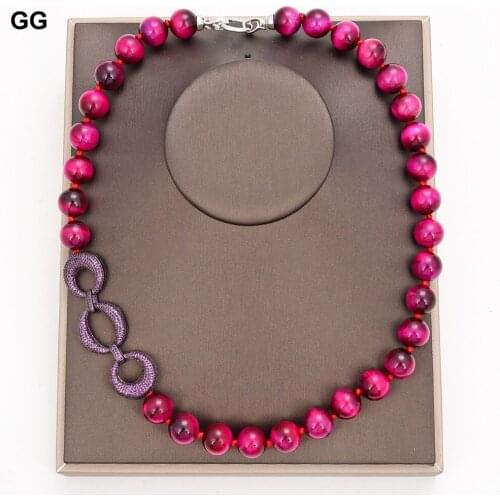 GuaiGuai Jewelry 23'' 14MM Round Red Tigers Eye Necklace CZ Pave Connector