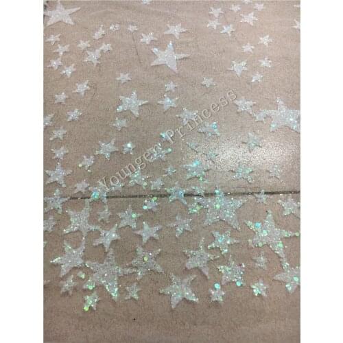 Good looking 5yards YG-106 glued print glitter african india tulle mesh fabric in big and small star deisgn
