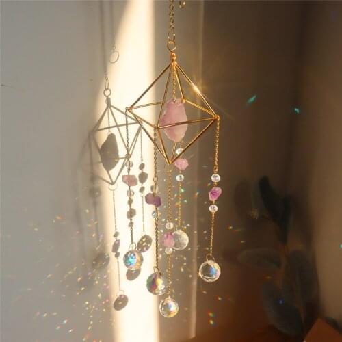 Crystal Light Catching Jewelry Wind Chime Diamond Crystal Metal Frame Natural Stone Colored Bead Pendant Outdoor Garden Decor