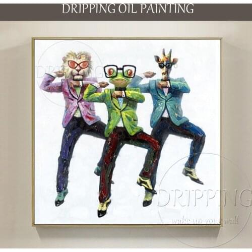 Funny Design Artist Hand-painted High Quality Dancing Animal Oil Painting on Canvas Giraffe Lion and Frog Dancing Oil Painting