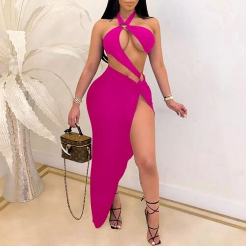 Two Piece Sexy Hollow Out Bodysuits & Side Split Maxi Skirt Set Summer Fashion Beachwear Club Party Suits