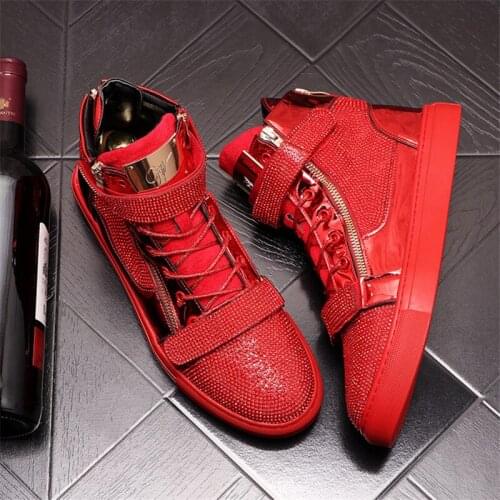 Fashionable Mens High Tops Plank Shoes Luxury Rhinestone Male Punk Sneakers Hip Hop Zip Ankle Boots Flats Zapatillas Hombre
