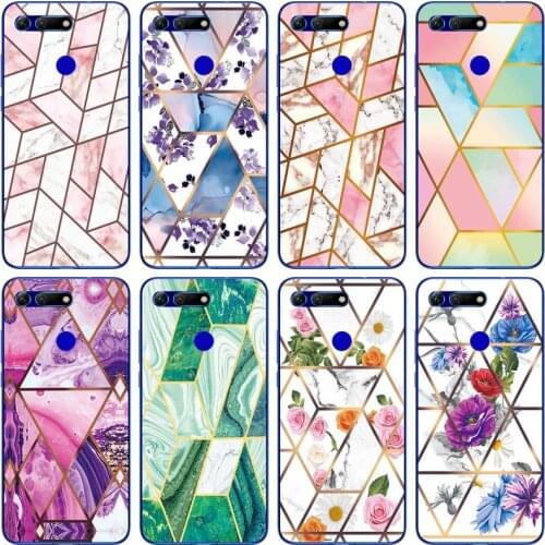 Soft Phone Case for Huawei Honor View 20 V20 Funda Glossy Colorful Flower Silicone Phone Back Cover Geometric Marble Shell