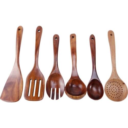 Wooden Utensils Set of 6, Large Kitchen Cooking Utensil for Non Stick Cookware, Natural Teak Wood Spoons Spatula Ladle Colander