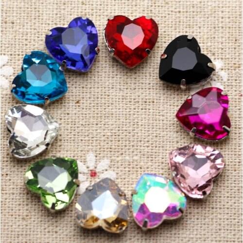 50pcs 12mm Crystal Mix Color Heart Sew On Rhinestone With Claw Setting Silver Back Fancy Stone With Metal Claw With Holes