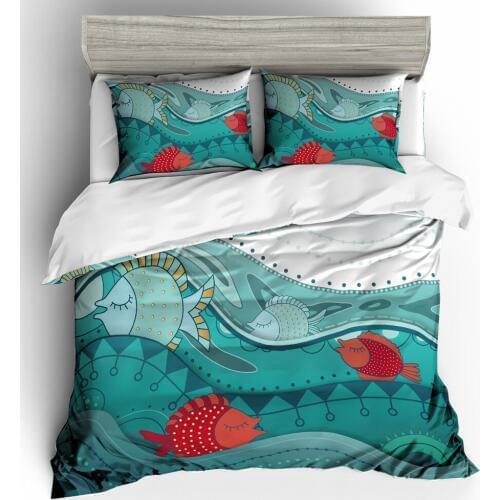 Sleeping Fish Duvet Cover Set, Hand Drawn Sleeping Fish in Waves Ethnic,Home Decor 2/3-Piece Bedding Sets for Kids Twin Bedding